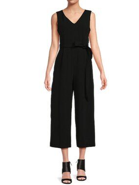 Calvin Klein Womens Black Sleeveless V-Neck Belted Cropped Jumpsuit Size 10